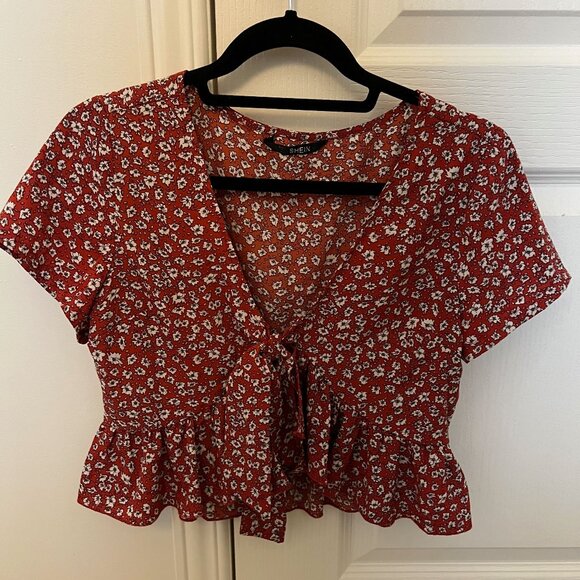 SHEIN Tie-Front Flowy Cropped Red Floral Blouse - Picture 1 of 5